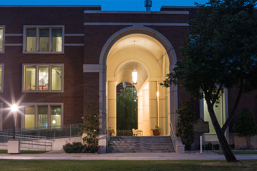 Gould Hall at night.