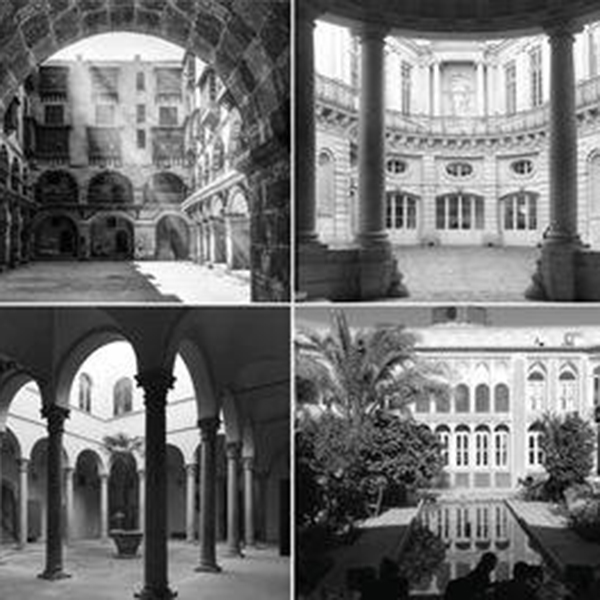 Four courtyards in a collage in black and white.