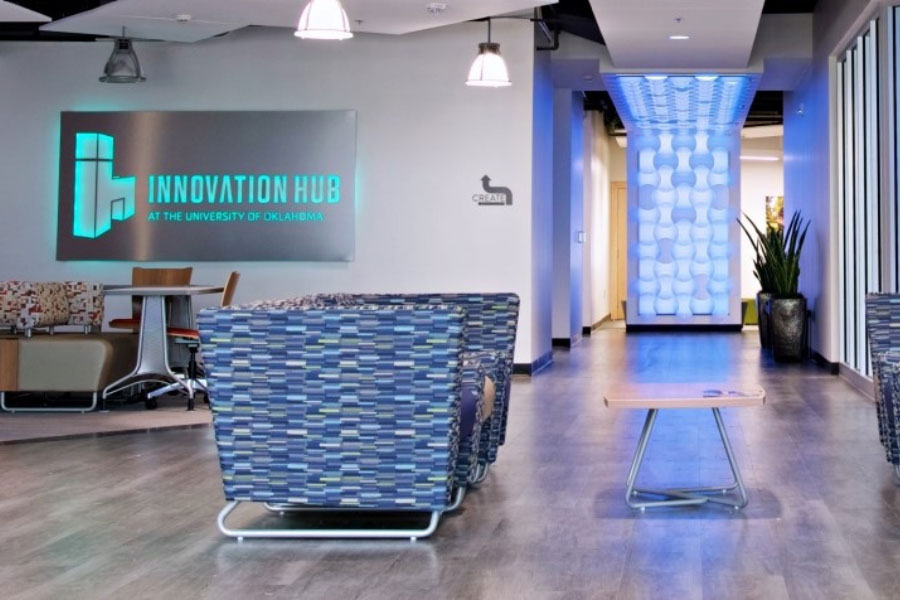 Collaboration seating areas at the Innovation Hub.