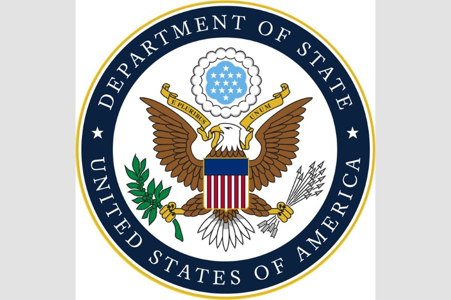 The seal of the U S Department of State.