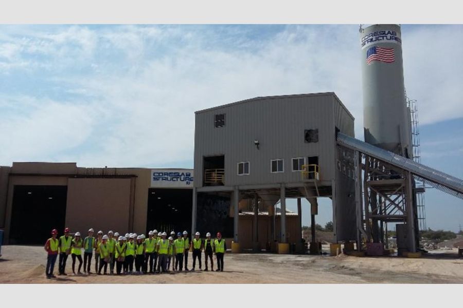 O U students outside of Coreslab Structures material manufacturing.
