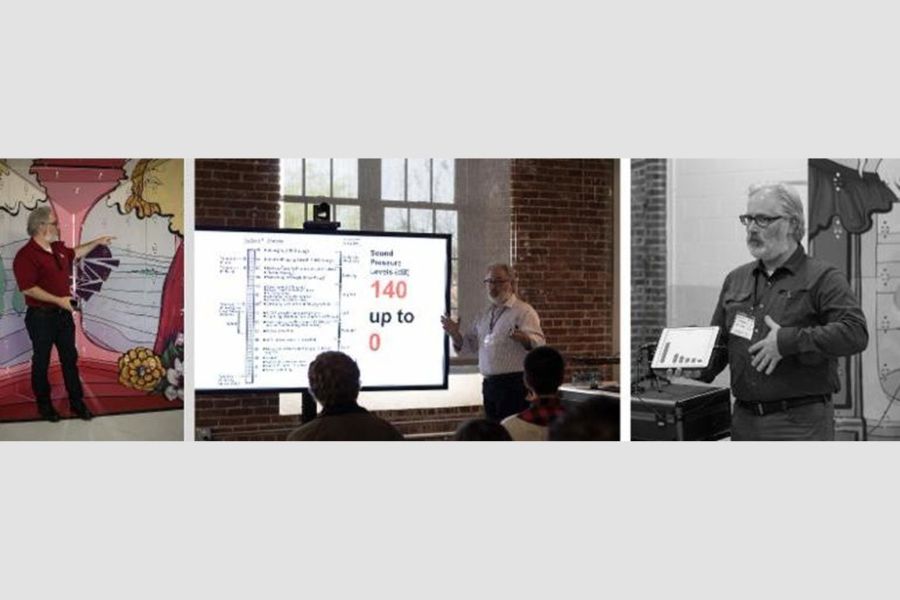 Three images of Daniel Butko presenting his acoustics research.