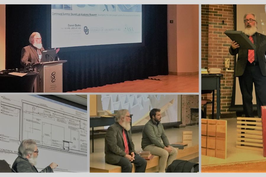 Collage of images of a presenter on stage giving a lecture