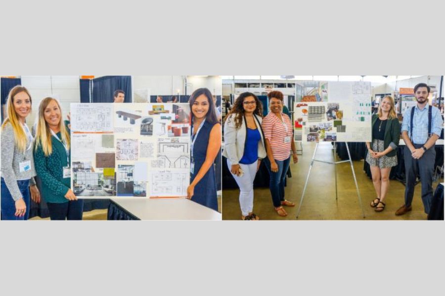 Two pictures of Interior Design students presenting their project posters at competition.