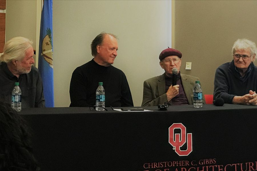 Picture of Nelson Brackin, Arthur Dyson, Herb Greene and Ernie Burden sitting at table panel discussion during symposium.