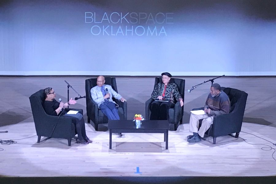 Four person speaker panel at Blackspace event in O K C.