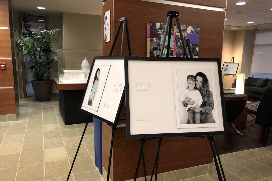 Image of an easel showcasing a black and white photo