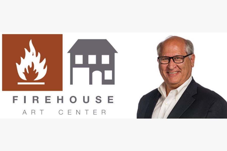 Headshot of a partly bald man with glasses next to a digital banner of a house and a fire saying firehouse art center