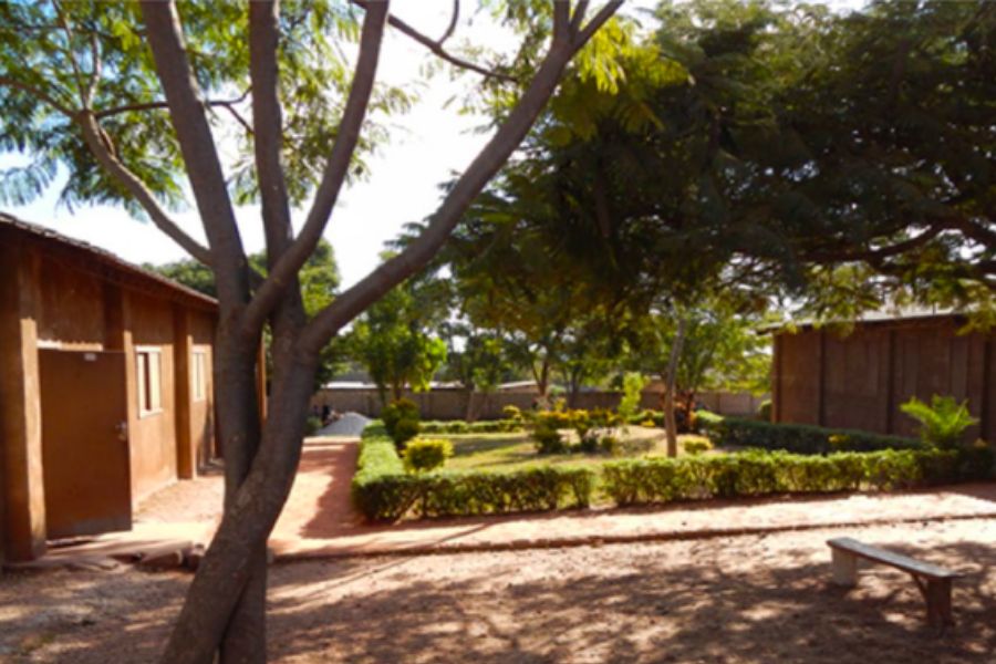 Garden area outdoors adjacent to a house of natural colored material