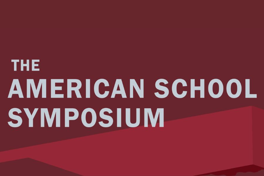 Digital banner saying the american school symposium grey text on red background