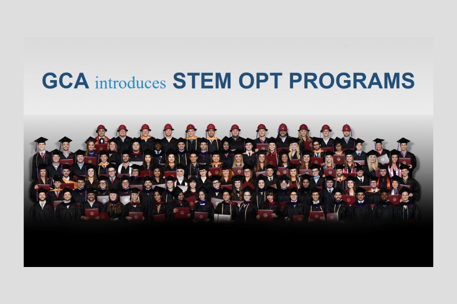 Group of students in caps and gowns with digital wording "g c a introduces stem o p t programs"