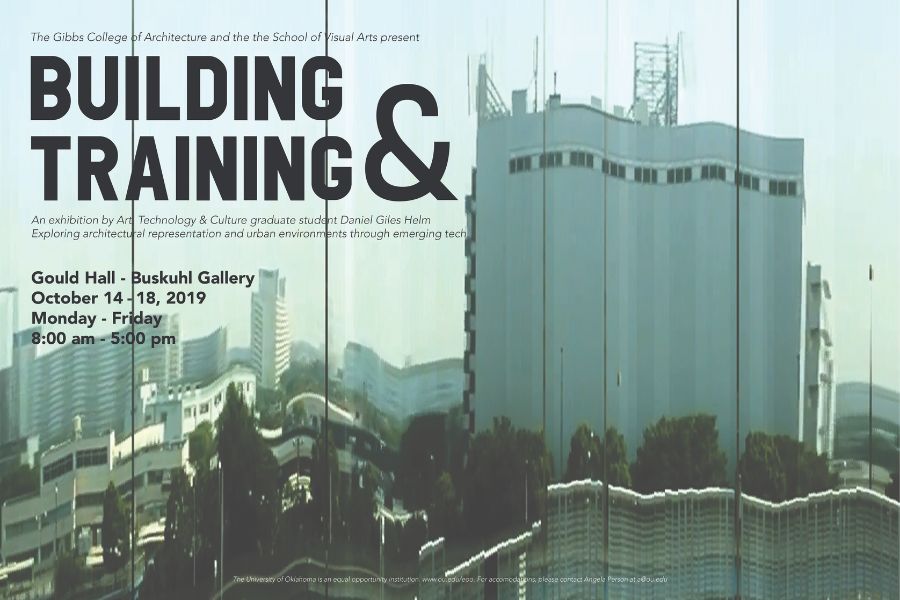 City sklyline viewed from the reflection of an outer window on a building, with text on the image to promote the Building & Training architectural exhibit with a title, description, and the time and location. 