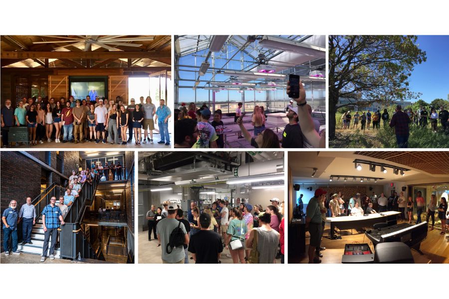 6 picture collage of group photos of students at different site tours in Texas.