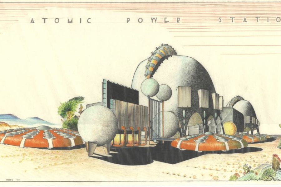 Illustrated futuristic atomic power station with domes and structures in desert landscape