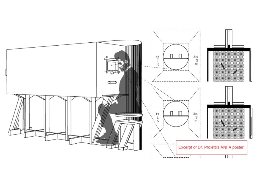 Architectural viewing apparatus with seated figure and proportion diagrams