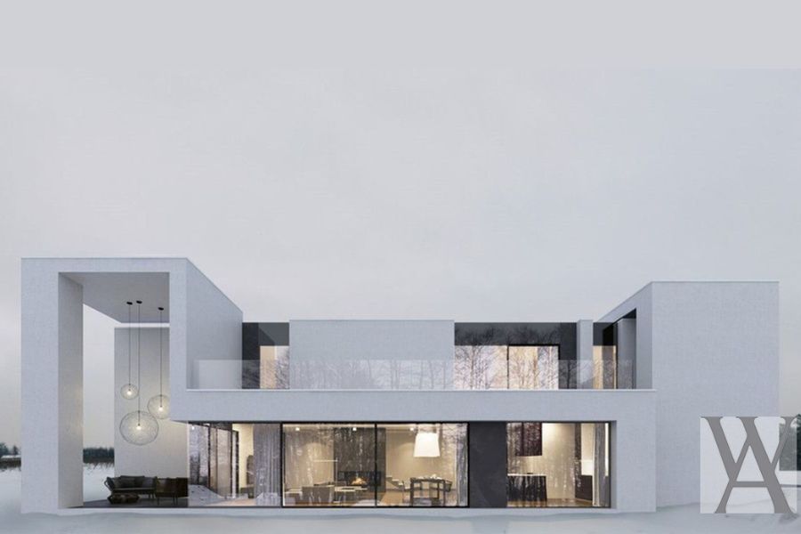 Architectural rendering of white modern minimalist house. 