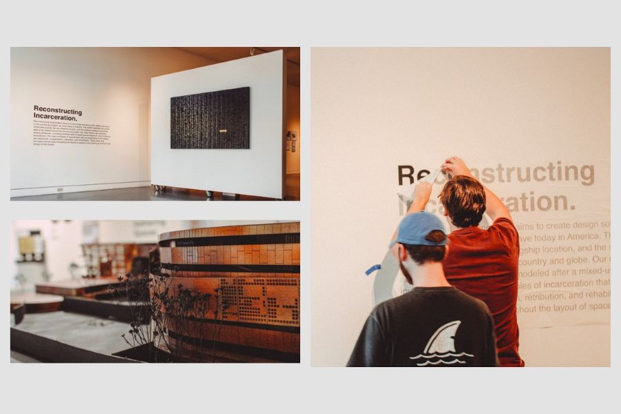 A photo collage with students setting up the Reconstructing Incarceration exhibition and a close-up of a model in the exhibition.