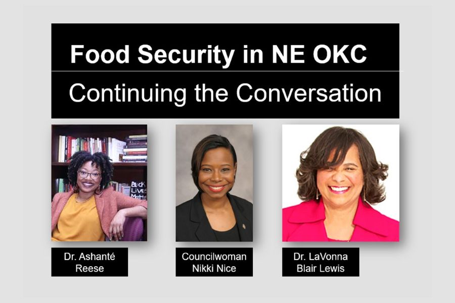 A flyer for the event Food Security in N E O K C: Continuing the Conversation with Doctor Ashanté Reese, Councilwoman Nikki Nice, and Doctor LaVonna Blair Lewis.