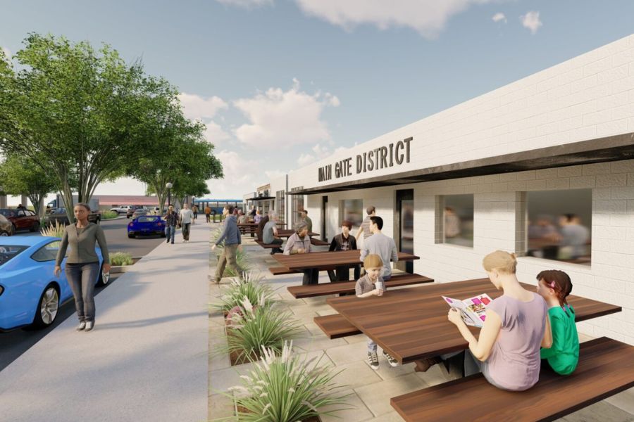 Rendering of a walkable street with outdoor seating.