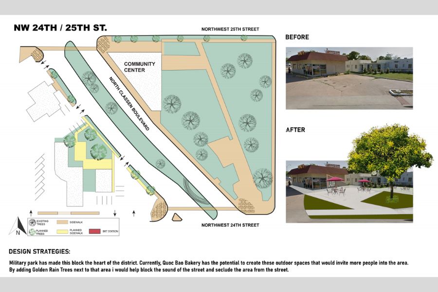 Streetscape plan and before-and-after images showing proposed outdoor seating and landscaping along Classen Boulevard in the Asian District.