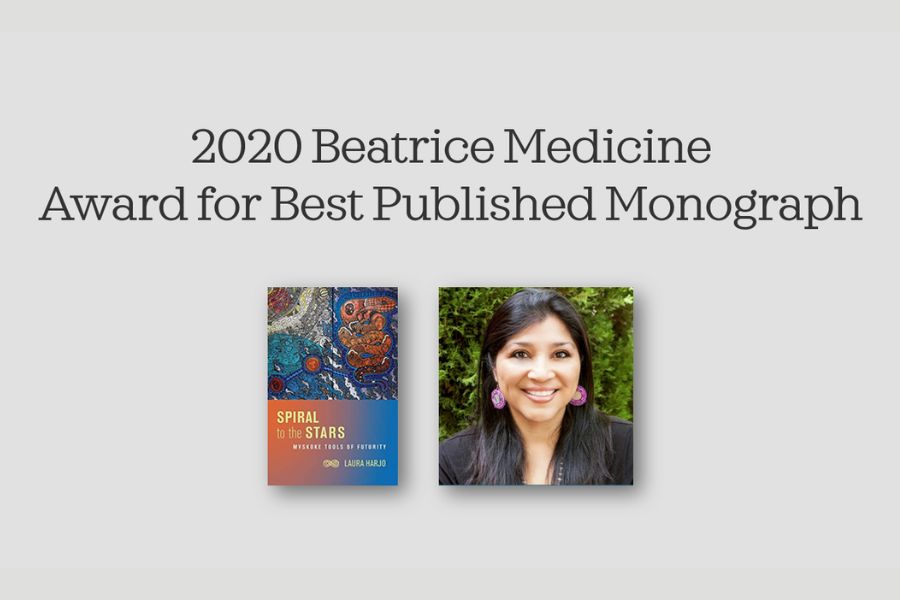 Graphic reading “2020 Beatrice Medicine Award for Best Published Monograph” with the book cover of Spiral to the Stars and a portrait of Laura Harjo.
