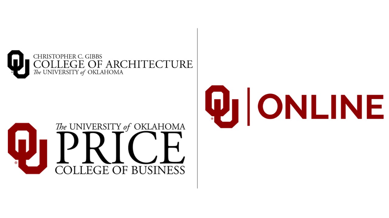 The logos for the O U Christopher C Gibbs College of Architecture, the O U Price College of Business, and O U Online.