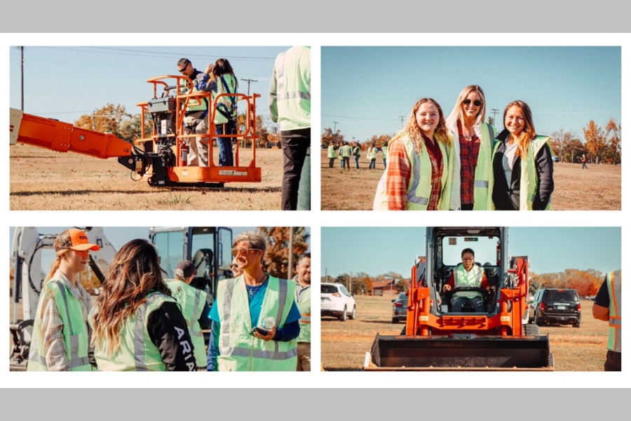 Students operating equipment.