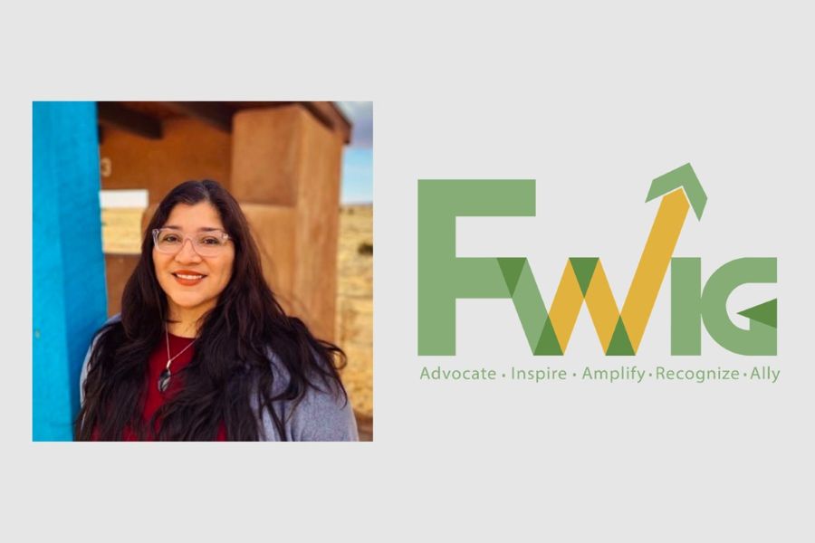 Laura Harjo and the logo for F W I G with the words Advocate, Inspire, Amplify, Recognize, and Ally.