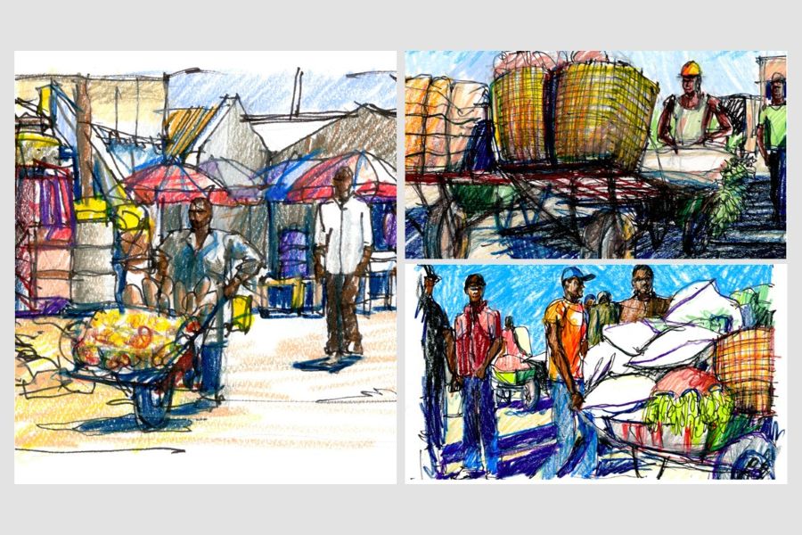 Three sketches of men pushing very full wheelbarrows in Zambia.