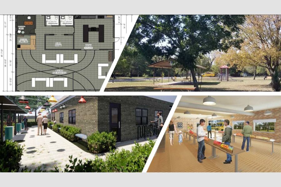 A collage showing renderings and floorplans of the proposed farmer's market and a photo of the nearby park.