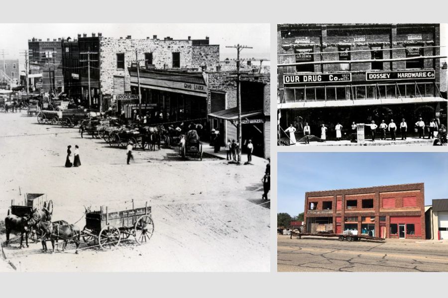 Two historic photographs and one modern photo of a building in Okemah, Oklahoma.