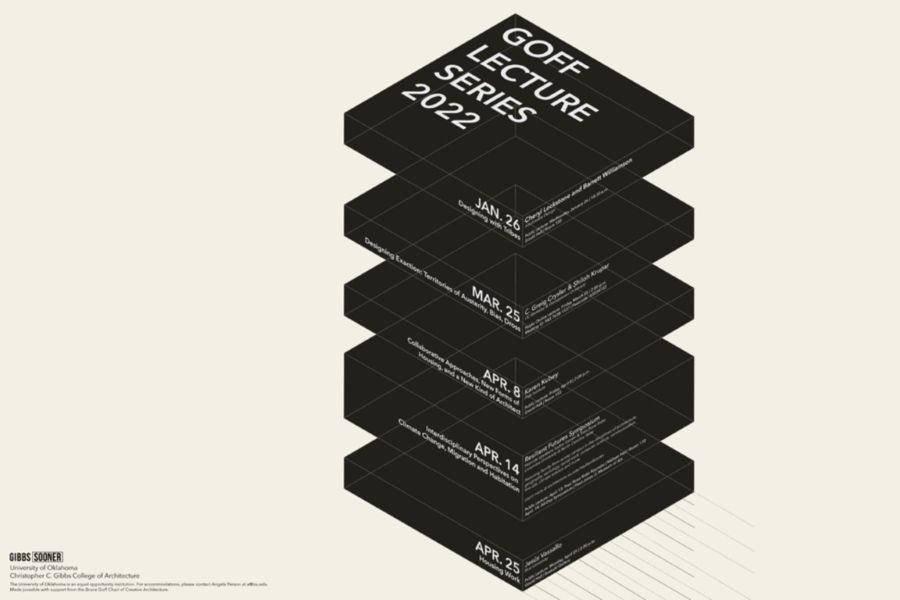 A graphic for the 2022 Goff Lecture series highlighting the dates January 26, March 25, April 8, April 14, and April 25 and the Gibbs Sooner logo.