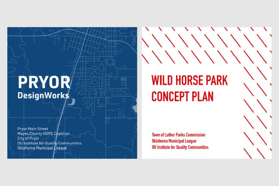 The covers of the Pryor Design Works Main Street Plan and Luther Wild Horse Park Concept Plan.