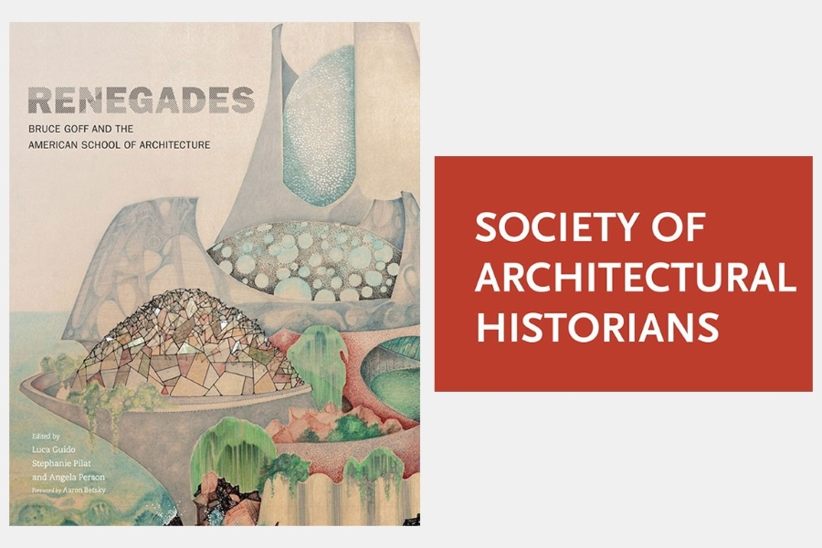 "Renegades" cover art and society of architectural historians in white text with a red background.