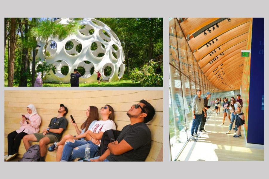 A collage showing students visiting architectural sites.