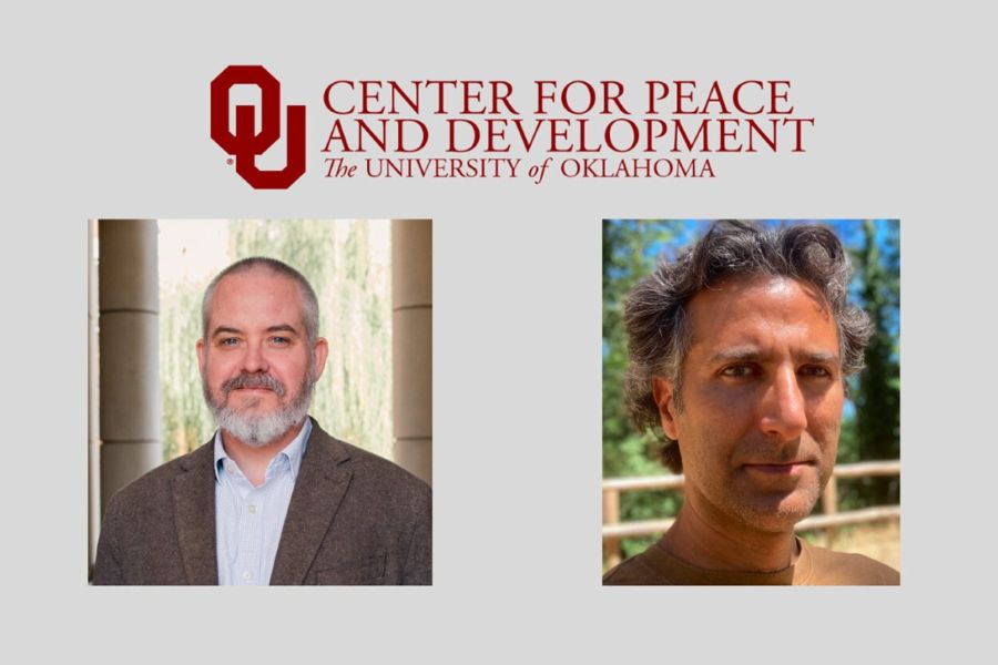 John Harris and Firat Demir with the logo for the O U Center for Peace and Development.