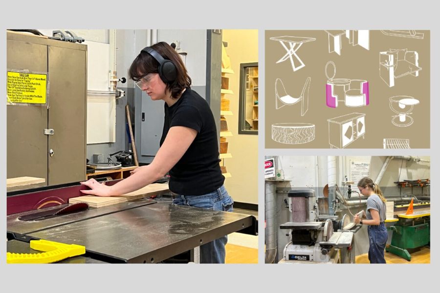 A collage showing students in a fabrication lab and sketches of furniture.