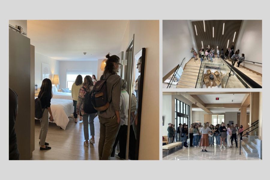 A collage showing students on a tour.