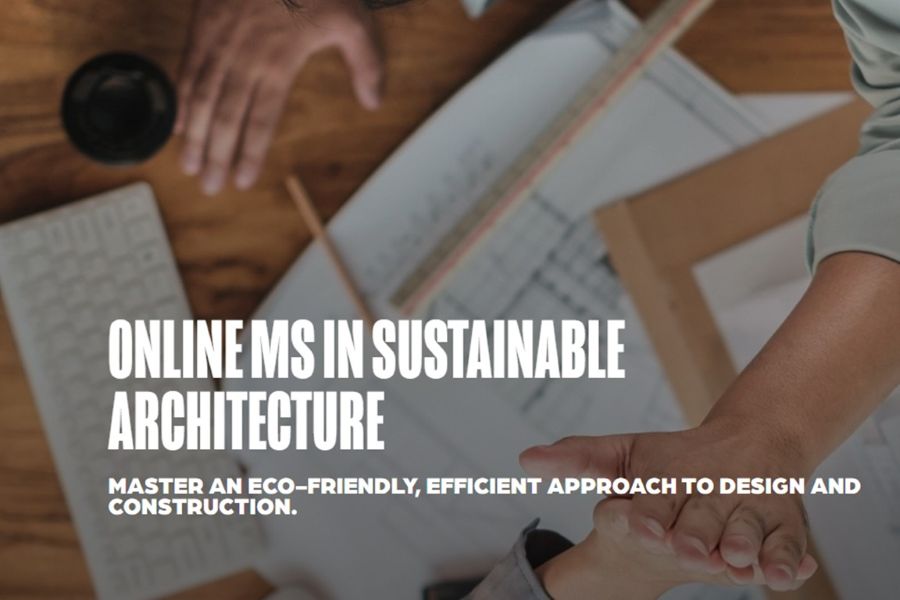 Students high-fiving over architectural drawings with the text "Online M S in Sustainable Architecture: master an eco-friendly, efficient approach to design and construction".