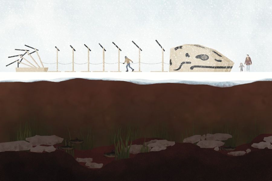 A diagram of a fish-like warming hut in the snow, with suggestions of water underground.