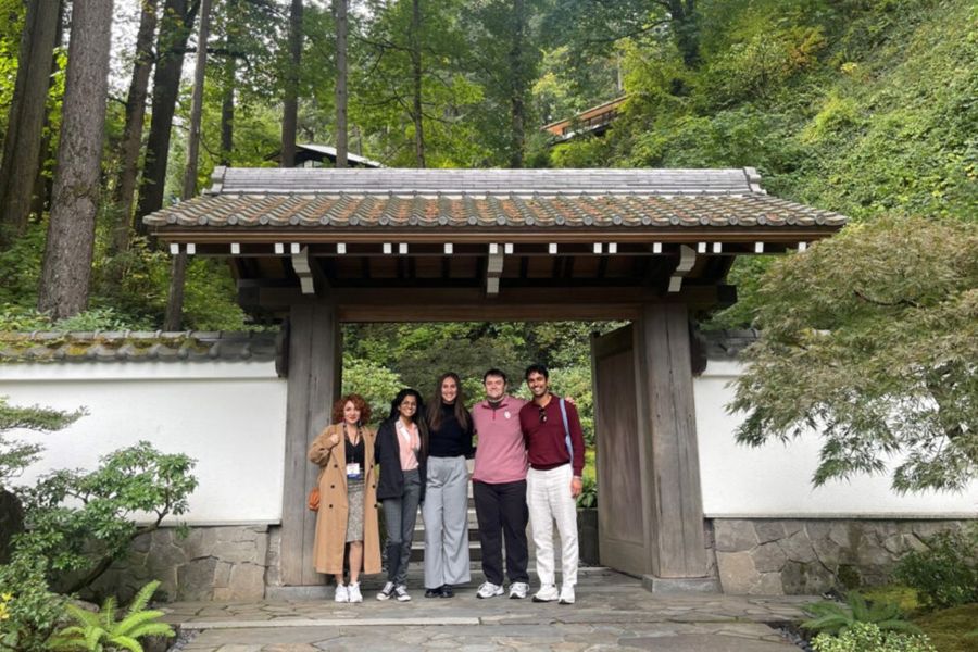 O U architecture students at the entrance to a garden in Portland, Oregon.