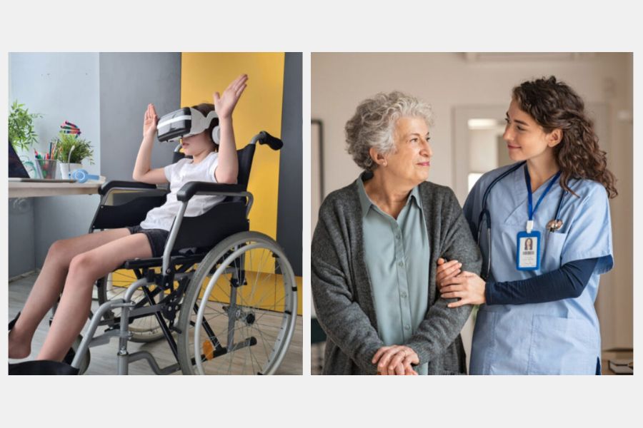 A child in a wheelchair with a V R headset on and an elderly person with an aide.