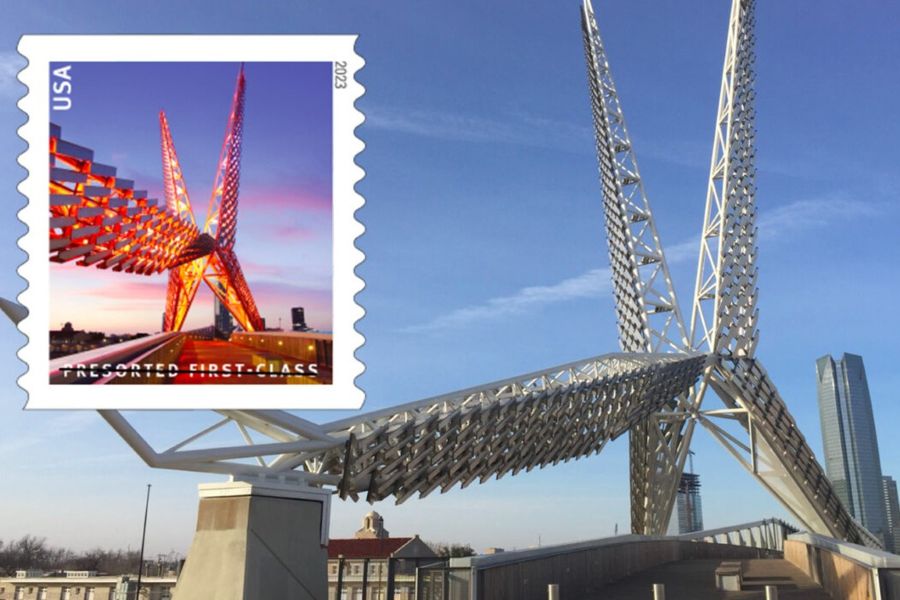 The Skydance Bridge and its postal stamp.