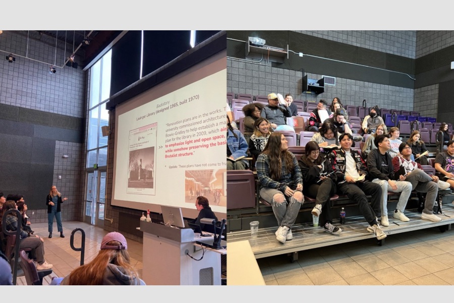 Angela Person presenting Brutalist lecture and students in the audience. 