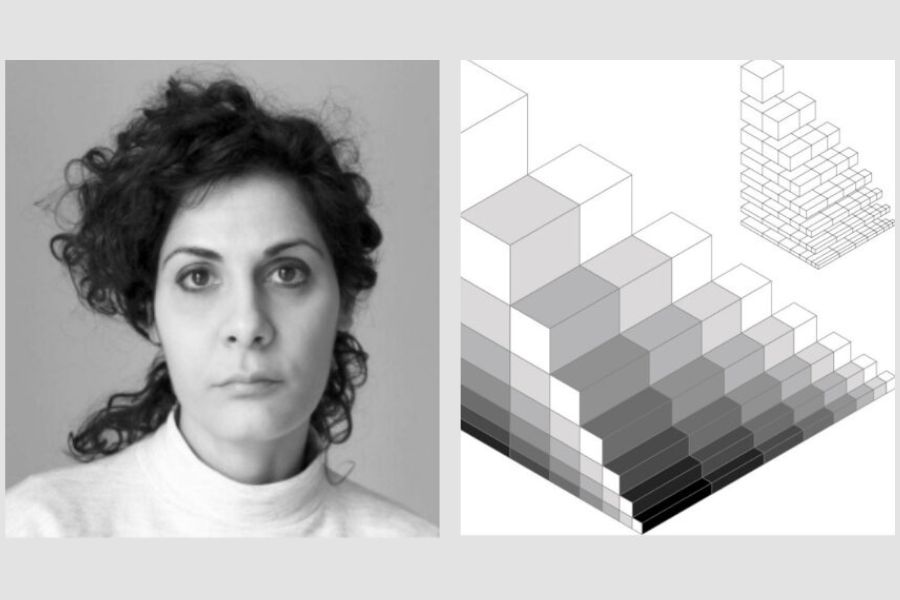 Tiziana Proietti headshot and architectural drawing.