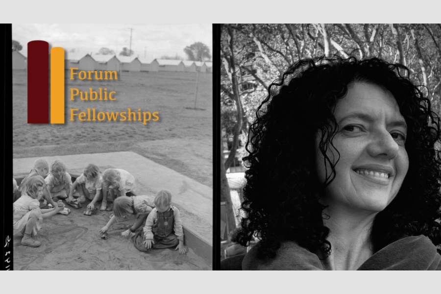 Children playing in a sandbox, the Forum Public Fellowship logo, and Tamar Zinguer.