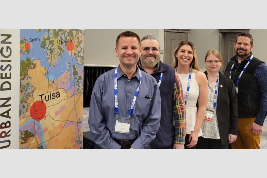 Erik Enyart, Brent Isaacs, Jessi Stringer, Amanda Yamaguchi, and Larry Curtis with a banner titled "Urban Design" and a map of the Tulsa area.