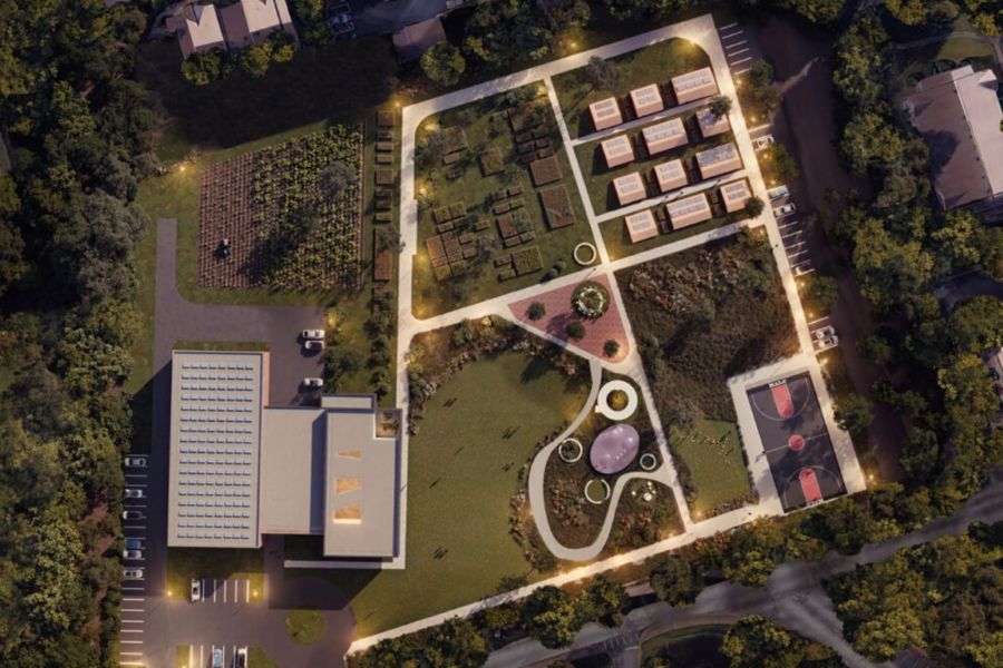 A rendering of the site plan for the Mutual Aid Liberation Center by Atelier Cory Henry.