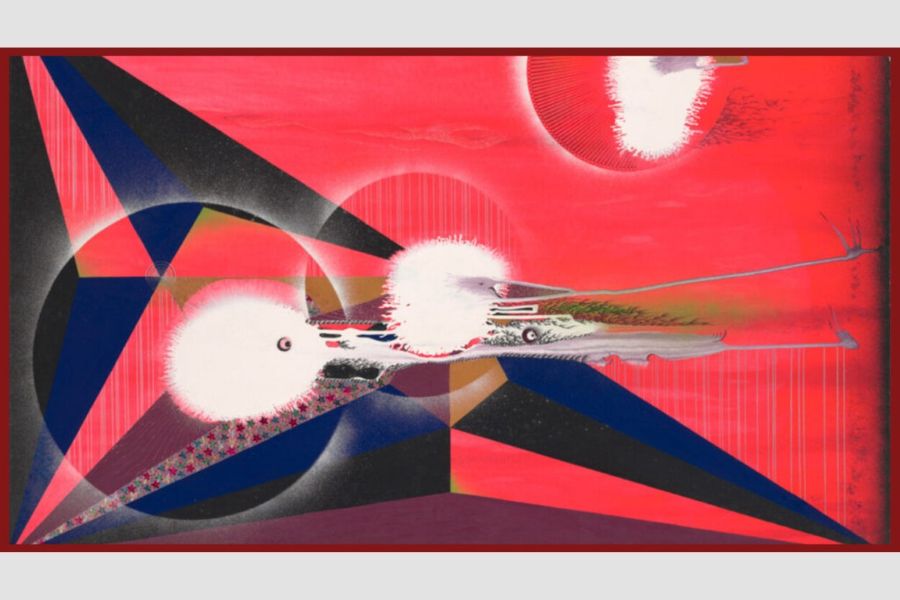 An untitled composition by Bruce Goff featuring bold colors and geometric elements.