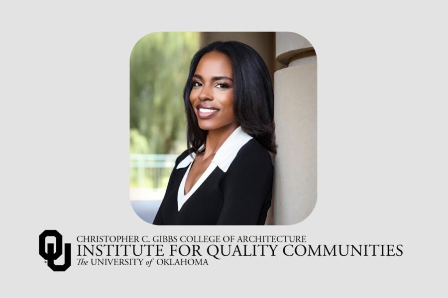 Vanessa Morrison with the logo for the O U Institute for Quality Communities.